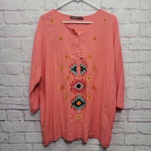 Origami by Vivien Aztec Embroidered Boho Top Size‎ S Coral Pink Half Button